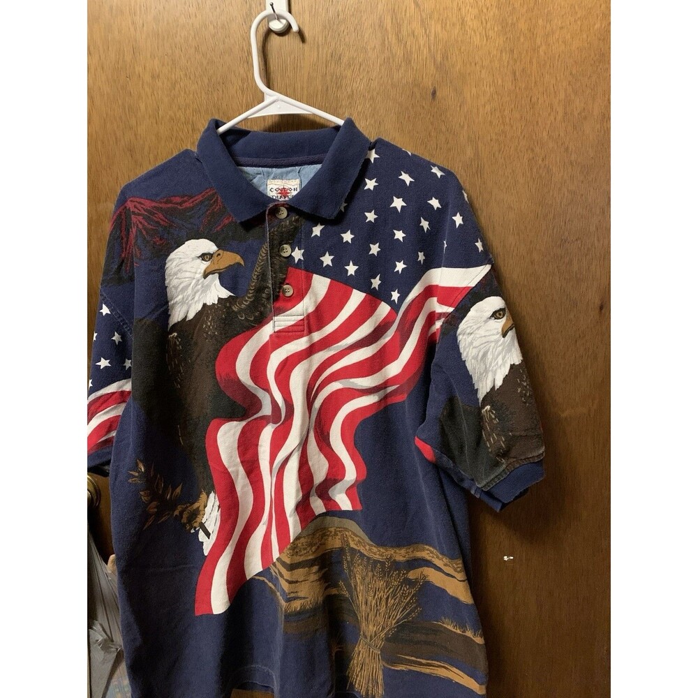 Cotton Traders Sport Polo Shirt  XL Cotton Usa Flag Eagle All Over Print Used
